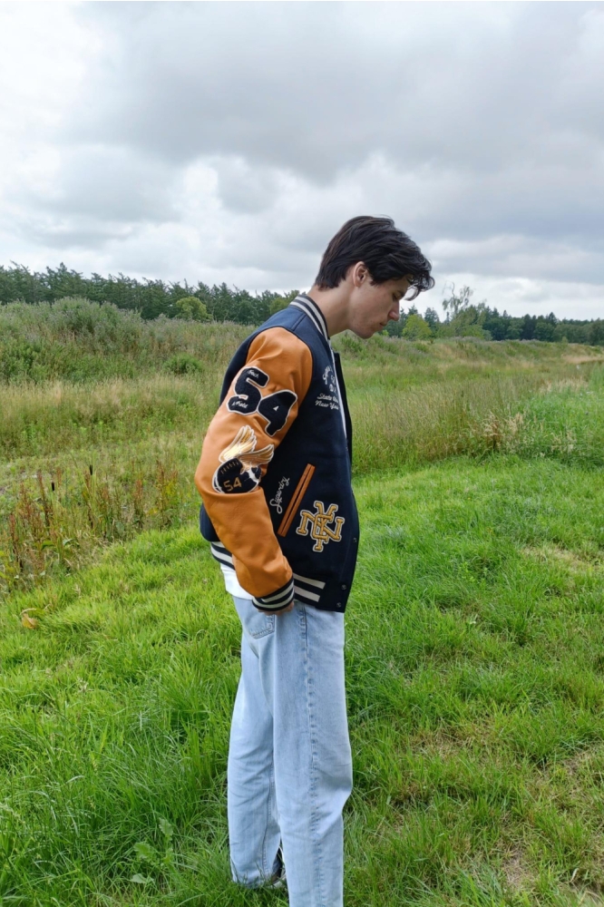 VINTAGE PATCHED VARSITY JKT M5012183A ECLIPSE NAVY/MUSTARD